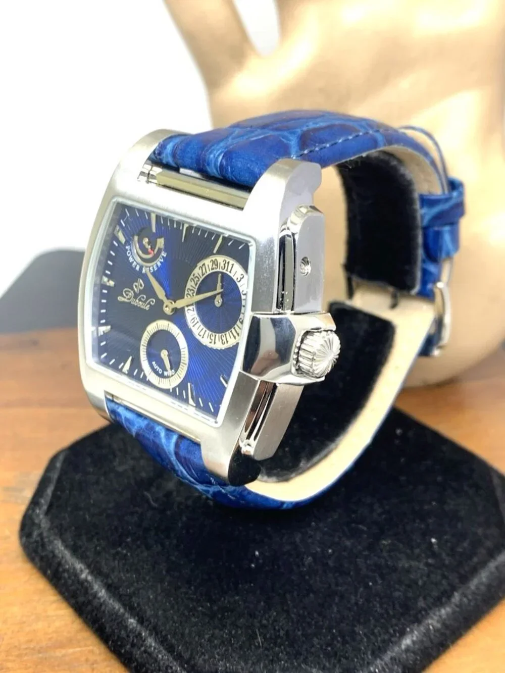 Duboule Men's Watch 2489-3 Automatic Blue Dial Power Reserve Leather Strap 40mm